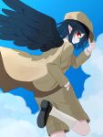  1girl black_wings blue_sky brown_hat brown_jacket brown_shoes brown_shorts chimi_(s2yuyukos2) cloud commentary day feathered_wings flat_cap hand_in_pocket hand_on_headwear hat highres jacket leg_up long_sleeves looking_at_viewer medium_hair pointy_ears red_eyes shameimaru_aya shameimaru_aya_(newsboy) shoes shorts sky socks solo touhou white_socks wings 