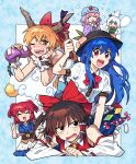  6+girls apron ascot black_hairband black_hat blue_eyes blue_hair blue_kimono blue_skirt bow bowtie brown_hair brown_horns chain coin coin_on_string collared_shirt commentary_request cuffs detached_sleeves food frilled_bow frilled_hair_tubes frills fruit fruit_hat_ornament gap_(touhou) gourd green_vest grey_hair hair_bobbles hair_bow hair_ornament hair_tubes hairband hakurei_reimu hat hat_ornament highres hinanawi_tenshi hitodama holding holding_gourd horn_ornament horn_ribbon horns ibuki_suika japanese_clothes kimono konpaku_youmu konpaku_youmu_(ghost) leaf_hat_ornament long_hair looking_at_viewer mob_cap multiple_girls obi oni onozuka_komachi open_mouth orange_eyes orange_hair peach peach_hat_ornament pink_hair puffy_short_sleeves puffy_sleeves re_ghotion red_bow red_bowtie red_eyes red_hair ribbon ribbon-trimmed_sleeves ribbon_trim saigyouji_yuyuko sash shackles shirt short_hair short_sleeves skirt smile snowman sweat sword_of_hisou touhou triangular_headpiece two_side_up v very_long_hair vest waist_apron white_apron white_shirt yellow_ascot 