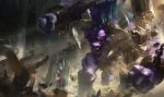  1boy absurdres alistar_(league_of_legends) angry artist_request blue_hair blurry blurry_background blurry_foreground broken broken_chain bull chain clenched_hand colored_sclera colored_skin column commentary_request cuffs debris destruction face_piercing facial_hair furry furry_male highres hooves horns incoming_attack incoming_punch league_of_legends light_particles looking_at_viewer minotaur motion_blur muscular muscular_male nose_piercing nose_ring official_art open_mouth piercing pillar punching purple_skin red_eyes red_sclera ring_piercing shackles solo teeth third-party_source v-shaped_eyebrows 