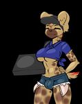  bulge clothed clothing dickgirl eyes_closed fully_clothed hyena intersex limebreaker mammal simple_background smile spotted_hyena 