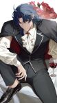  1boy absurdres ahoge arm_on_knee ascot black_coat black_pants black_shoes blade_(honkai:_star_rail) blue_hair bouquet closed_mouth coat coat_on_shoulders commentary_request cup dress_pants dress_shirt dress_shoes drinking_glass fang fang_out highres honkai:_star_rail honkai_(series) knee_up long_sleeves looking_at_viewer male_focus pants red_eyes shirt shoes short_hair simple_background sitting solo tune_oekk vest waistcoat white_ascot white_background white_shirt wine_glass 
