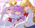  3girls absurdres blonde_hair blue_eyes closed_eyes closed_mouth collared_shirt commentary_request durandal_(honkai_impact) eight_(eight3rd1) four-finger_heart_hands hair_between_eyes hairband heart heart_hands highres honkai_(series) honkai_impact_3rd hug kiana_kaslana long_hair long_sleeves multiple_girls one_eye_closed open_mouth purple_hair school_uniform shirt siblings sirin sisters skirt smile very_long_hair white_hair white_shirt yellow_eyes 
