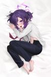  1girl barefoot bed_sheet black_pants blue_archive collared_shirt commentary_request diamond-shaped_pupils diamond_(shape) dress_shirt feet furrowed_brow hair_ornament hairclip halo haruka_(blue_archive) haruka_(suit)_(blue_archive) highres korean_commentary llttyyyuu long_sleeves looking_at_viewer lying navel necktie official_alternate_costume on_side open_mouth open_pants pants partially_unbuttoned ponytail purple_eyes purple_hair purple_halo red_necktie shirt short_ponytail small_sweatdrop solo suit_pants symbol-shaped_pupils toes undone_necktie white_shirt 