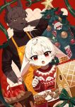 2boys apron black_hair body_fur candy candy_cane christmas christmas_ornaments christmas_star christmas_stocking christmas_sweater christmas_tree commentary cookie english_commentary food fruit furry furry_male gingerbread_house height_difference highres katamuki male_focus marshmallow multiple_boys open_mouth orange_apron orange_eyes original rabbit_boy red_eyes ribbon strawberry sweater white_hair wolf_boy 