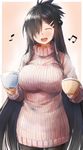  ^_^ ^o^ beamed_eighth_notes black_hair blush breasts closed_eyes commentary_request cup daidou_(demitasse) eighth_note eyebrows_visible_through_hair hair_ornament hair_over_one_eye hairclip highres holding large_breasts long_hair long_sleeves mug musical_note open_mouth original ribbed_sweater smile solo sweater turtleneck turtleneck_sweater 