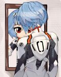  1girl absurdres ayanami_rei blue_hair bodysuit character_name commentary different_reflection doll english_commentary from_behind fumo_(doll) headgear highres interface_headset_(evangelion) linnees_waos looking_at_mirror mecha_pilot_suit mirror neon_genesis_evangelion plugsuit_(evangelion) red_eyes reflection science_fiction short_hair solo white_bodysuit 