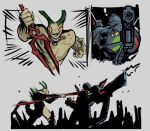  2boys absolute_batman absolute_dc bodysuit dc_comics fighting gun holding holding_gun holding_weapon joker_(dc) lance_of_longinus_(evangelion) male_focus mecha mecha_pilot_suit mechanical_arms monster multiple_boys neon_genesis_evangelion robin_(dc) robot valtsuviitala weapon 