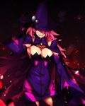  angry black_sclera blazblue blazblue:_central_fiction breasts cape cleavage gloves hair_over_one_eye hand_on_headwear hat highres konoe_a_mercury large_breasts long_hair lor_(roasyerizyonirapi) red_hair slit_pupils solo thighhighs witch_hat yellow_eyes 