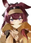  1girl animal_ear_fluff animal_ears arknights black_shirt blush breasts brown_gloves check_commentary close-up closed_mouth commentary_request double-parted_bangs fingersmile gloves grey_scarf hair_intakes hands_on_own_face headlamp jacket large_breasts long_hair looking_at_viewer one_ear_down purple_eyes rabbit_ears rabbit_girl ray_(arknights) red_hair scarf shirt smile solo straight-on upper_body visor_cap yellow_gloves yellow_jacket z_(knkr1025) 