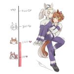  2girls ahoge animal_ears belno_light_(umamusume) black_shoes blue_eyes blue_jacket blue_pants bob_cut brown_eyes brown_hair diamond_hairband ear_ornament ear_ribbon fujimasa_march_(umamusume) grey_hair grey_shoes hair_ornament hand_on_own_chest highres horse_ears horse_girl horse_tail jacket kasamatsu_tracen_school_uniform kiss_meter_(meme) letter_hair_ornament long_sleeves looking_at_another medium_hair meme motion_lines multiple_girls norn_ace_(umamusume) oguri_cap_(racehorse) oguri_cap_(umamusume) pants ponytail reo_000 school_uniform shoes short_hair simple_background sneakers standing standing_on_one_leg tail track_jacket track_pants umamusume umamusume:_cinderella_gray white_background 