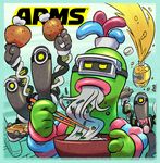  arms_(game) boned_meat bow bowtie commentary_request dna_man_(arms) eating food goggles goo_guy highres ishikawa_masaaki logo meat monster_boy noodles official_art simple_background soda_bottle the_cell 