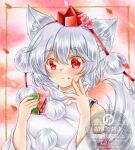  1girl animal_ears blush closed_mouth commentary detached_sleeves food food_on_face grey_hair hat highres inubashiri_momiji looking_at_viewer mochi nekofish666 red_eyes red_hat sakura_mochi solo tail tokin_hat touhou traditional_media upper_body wagashi watermark wolf_ears wolf_girl wolf_tail 