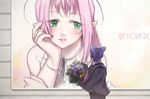  bouquet commentary_request facing_away flower from_side gamlin_kizaki green_eyes holding holding_bouquet long_sleeves macross macross_7 male_focus mylene_jenius myuu_(hellomagic) pink_hair pointy_ears poster_(object) purple_hair solo 