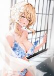  1girl absurdres ayul_(ayulneri_92) blonde_hair blue_bra blush bow bra bra_pull braid breasts clothes_pull commentary_request curtains day flower genshin_impact hair_bow hair_flower hair_ornament highres large_breasts looking_at_viewer lumine_(genshin_impact) official_alternate_hairstyle open_mouth short_hair_with_long_locks single_braid sitting solo underwear underwear_only window yellow_eyes 