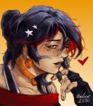  1other :d absurdres aegyo_sal ambiguous_gender black_eyes black_gloves black_hair commentary english_commentary fingerless_gloves flustered gloves grin hair_bun hand_on_own_chin hand_up highres killer_chat! looking_at_viewer misaki_(killer_chat) multicolored_hair other_focus playing_with_own_hair portrait red_streaks short_hair sidelocks smile solo sparkling_eyes streaked_hair umber1880 