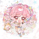  >_< 1girl =_= absurdres ahoge animal arm_ribbon armpits bare_shoulders belt belt_buckle black_ribbon blue_belt blue_boots blue_gloves boots bow bowtie braid brown_eyes buckle cat cheering chibi chinese_clothes cloak clothed_animal commentary_request crown_braid dress ear_covers elbow_gloves explosion feather_hair_ornament feathers fingerless_gloves floating_hair frilled_gloves frills gloves glowstick hair_intakes hair_ornament happy headset heart highres holding holding_glowstick hood hood_up hooded_cloak idol infinity_nikki kneehighs lace-up_boots layered_dress light_blush long_hair looking_at_viewer merchandise_available momo_(nikki) nikki_(nikki) nikki_(series) notice_lines open_mouth orange_bow orange_bowtie outstretched_arms penlight_(glowstick) pink_hair plaid_clothes plaid_dress ribbon sample_watermark short_dress shui_qing_qian_yun_lingling sleeveless sleeveless_dress smile socks star_(symbol) star_symbol_background starry_nocturne_(infinity_nikki) striped_bow striped_bowtie striped_clothes tareme too_many_watermarks traditional_bowtie v-shaped_eyebrows watermark wavy_hair whiskers white_background white_cat x_navel yellow_bow yellow_bowtie yellow_cloak yellow_dress yellow_socks 