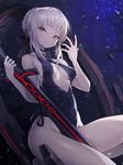  artoria_pendragon_(all) bangs bare_arms bare_shoulders between_legs black_leotard black_ribbon black_swimsuit blonde_hair breasts center_opening cleavage closed_mouth dark_excalibur debris expressionless eyebrows_visible_through_hair fate_(series) goomrrat hair_ribbon highleg highleg_leotard highleg_swimsuit holding holding_sword holding_weapon leotard looking_at_viewer md5_mismatch medium_breasts one-piece_swimsuit ribbon rock saber_alter short_hair side-tie_leotard sidelocks sitting solo swimsuit sword thighs weapon yellow_eyes 