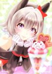  1girl animal_ears bare_shoulders black_dress black_hairband blush bow chiffon closed_mouth coat commentary_request curren_chan_(fille_eclair)_(umamusume) curren_chan_(umamusume) dress ear_bow ear_covers food gloves grey_hair hairband happy_birthday highres holding holding_spoon horse_ears horse_girl long_sleeves looking_at_viewer off-shoulder_coat off-shoulder_jacket off_shoulder parfait purple_eyes red_bow short_hair smile solo spoon umamusume white_gloves 