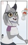  2017 anthro breast_rest breasts brown_eyes clothed clothing disney ear_tuft fan_character fangs feline female green_eyes heterochromia inner_ear_fluff looking_at_viewer lynx mammal microphone signature simple_background solo tuft white_background yitexity zootopia 