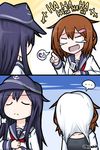  &gt;_&lt; ... 2girls 2koma :d adjusting_clothes adjusting_necktie akatsuki_(kantai_collection) anchor_symbol artist_name bangs brown_hair closed_eyes collarbone comic commentary crying crying_with_eyes_open empty_eyes eyebrows_visible_through_hair fang flat_cap hair_between_eyes hair_ornament hairclip hat highres ikazuchi_(kantai_collection) kantai_collection laughing long_hair long_sleeves multiple_girls neckerchief necktie open_mouth pointing pout purple_hair raythalosm red_neckwear school_uniform serafuku shirt short_hair smile spoken_ellipsis streaming_tears tank_top tears twitter_username white_shirt xd 