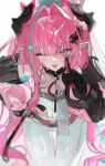  1girl ;p arknights arknights:_endfield black_horns blue_eyes breasts commentary diamond_in_eye dragon_girl dragon_horns eyelid_pull finger_to_eye gloves hair_intakes hair_on_horn highres horns leaning_forward long_hair multicolored_gloves multicolored_hair multicolored_horns mumukyabi one_eye_closed pants pink_gloves pink_hair pink_horns pink_sleeves pink_tube_top simple_background solo strapless streaked_hair thigh_gap thighs tongue tongue_out tube_top two-sided_gloves two-tone_gloves two-tone_horns untranslatable_commentary white_background white_pants yvonne_(arknights) 
