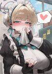  1girl :t absurdres apron belt belt_buckle black_belt black_gloves black_shirt blonde_hair blue_archive blue_bow blue_bowtie blue_eyes blue_halo blue_ribbon blurry blurry_background blush bow bowtie box braid breasts buckle bun_cover chest_harness closed_mouth cloud collared_shirt commentary_request day fingernails frilled_apron frills gloves grey_halo hair_intakes hair_ribbon half-closed_eyes half_gloves half_up_braid halo handkerchief hands_up harness headset heart highres holding holding_handkerchief implied_after_fellatio indoors juliet_sleeves large_breasts long_sleeves looking_at_viewer maid maid_headdress multicolored_halo puffy_sleeves ribbon se_tu_(55559229) shirt short_hair solo speech_bubble spoken_heart sticky_note sweat toki_(blue_archive) two-tone_halo upper_body white_apron window wiping_mouth 