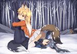  absurdres animal animal_ears ass black_gloves black_legwear black_skirt blonde_hair bow caibao chinese_commentary commentary_request day ezo_red_fox_(kemono_friends) fox_ears fox_tail gloves hair_between_eyes highres holding_another's_tail jacket kemono_friends kneeling legs_up licking long_hair looking_at_viewer lying miniskirt multicolored_hair multiple_girls no_shoes on_back outdoors panties panties_under_pantyhose pantyhose pleated_skirt silver_fox_(kemono_friends) silver_hair skirt snow snowing tail tail_grab tongue tongue_out tree two-tone_hair underwear white_hair white_legwear white_skirt winter yuri 