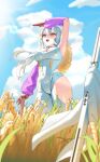  1girl absurdres arm_warmers blue_sky bodysuit breasts brown_hat cleavage cloud covered_navel english_commentary gloves goddess_of_victory:_nikke grey_hair hat hat_on_back highres hirameru_p large_breasts looking_up open_mouth purple_arm_warmers red_gloves scabbard scarlet_(nikke) sheath sky smile straw_hat sun_hat sword teeth upper_teeth_only weapon white_bodysuit yellow_eyes 