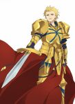  1boy blonde_hair earrings fate/strange_fake fate_(series) gilgamesh_(fate) highres holding holding_sword holding_weapon jewelry male_focus red_eyes simple_background solo sword thorn_(kmconceptart) weapon white_background 