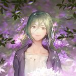  flower green_hair hair_between_eyes kagerou_project kido_tsubomi leaf leclle looking_at_viewer older plant purple_eyes shissou_word_(vocaloid) short_hair solo 