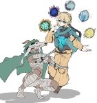  2girls animal_ears animal_skull armpits bandaged_hand bandaged_leg bandages blue_cloak blue_eyes breasts cape cat_ears chest_sarashi cloak dagger dark-skinned_female dark_skin detached_sleeves dual_wielding finger_to_face highres holding holding_dagger holding_knife holding_weapon knife long_hair looking_at_viewer medium_hair multiple_girls navel orange_pants orange_sleeves orb pants partial_humanization ponytail sarashi sidelocks simple_background skull-shaped_hat skull_on_head slay_the_spire small_breasts squatting standing the_defect_(slay_the_spire) the_silent_(slay_the_spire) thousand_chimer tiptoes transparent_torso weapon white_background yellow_eyes 