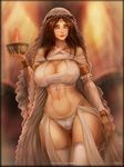  1girl bracelet breasts brown_hair cameltoe cleavage dark_souls detached_sleeves fire highres jewelry large_breasts looking_at_viewer panties queen_of_sunlight_gwynevere smile solo souls_(from_software) underwear vempire yellow_eyes 