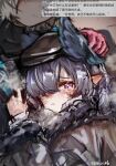  2girls :i arknights artist_name black_hat blue_hair blush chinese_commentary chinese_text commentary_request ear_blush gloves grey_hair hair_over_one_eye hand_up hat head_on_chest head_wings headpat highres l5mon_meng leaning_on_person looking_at_viewer looking_back multiple_girls nose_blush pink_gloves pointy_ears portrait purple_eyes raidian_(arknights) sketch smile solo_focus tears ukusik_(arknights) wings 
