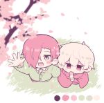  2boys :d arm_up blurry blurry_foreground blush blush_stickers cardigan cherry_blossoms cloak color_guide commentary_request dango eating food from_above grass green_cardigan green_eyes hair_over_one_eye highres jitome kuchinashi_dabi limited_palette long_sleeves looking_at_viewer mitsudomoe_koubou_(series) mole mole_under_eye multiple_boys okudo61 on_ground open_mouth oshi_no_taisetsuna_hito_ni_narikawaru outdoors petals pink_cloak pink_eyes pink_hair reaching reaching_towards_viewer sanshoku_dango short_hair smile sparkling_eyes standing tonimura_yui wagashi white_hair 