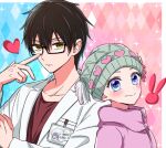  1boy 1girl amamiya_gorou asgykk bald bald_female beanie blue_eyes brother_and_sister brown_hair character_name closed_mouth commentary_request cosplay doctor glasses green_hat hair_between_eyes hat heart highres jacket long_sleeves non-web_source oshi_no_ko pink_jacket red_shirt reincarnation shirt siblings smile star-shaped_pupils star_(symbol) symbol-shaped_pupils tendouji_sarina track_jacket twitter_username white_jacket yellow_eyes 