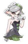  1girl black_dress bow-shaped_hair breasts commentary detached_collar dress gloves green_pantyhose grey_hair highres inkling looking_at_viewer marie_(splatoon) marie_(squid_sisters_outfit)_(splatoon) medium_breasts medium_hair mole mole_under_eye pantyhose pointy_ears puchiman short_dress short_eyebrows simple_background smile solo splatoon_(series) splatoon_1 standing teeth tentacle_hair thick_eyebrows untranslatable_commentary white_background white_gloves yellow_eyes 