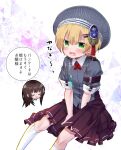  2girls between_legs black_skirt blonde_hair blush brown_hair closed_eyes collared_shirt commentary_request feet_out_of_frame green_eyes grey_hat grey_shirt hair_between_eyes hair_ornament hairclip hand_between_legs hat heaven_burns_red invisible_chair kneehighs long_hair looking_at_viewer maruyama_kanata medium_skirt multiple_girls open_mouth pleated_skirt puffy_short_sleeves puffy_sleeves sasakura_towa shirt short_hair short_sleeves simple_background sitting skirt smile socks solo_focus speech_bubble tearing_up teeth translation_request v-shaped_eyebrows white_background white_socks yanagi_mion 