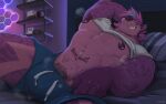 absurd_res anthro armpit_hair barazoku bed bedroom bedroom_eyes bodily_fluids body_hair bottomwear bulge clothed clothing detailed_background drunkennoodler ear_piercing english_text eyebrow_piercing eyebrow_slit eyebrows facial_hair facial_piercing fur fur_markings furniture game_boy game_boy_family genital_fluids genitals hair hi_res hyena lying male mammal manly markings mullet muscular muscular_male musky_armpit musky_penis narrowed_eyes navel navel_piercing nintendo nipple_piercing nipples on_back on_bed penis penis_base piercing pink_body pink_fur pink_hair precum precum_through_clothing pubes pubic_tattoo purple_body purple_fur raised_clothing raised_shirt raised_topwear seductive shirt shorts solo sweat tattoo text text_tattoo topwear undressing wet wet_clothing xen_(xenon14)