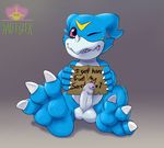  2017 balls claws digimon dragon english_text erection foot_focus foreskin humanoid_penis long_foreskin looking_at_viewer male one_eye_closed penis rad-lizer scalie sign simple_background smile solo text uncut veemon wink 