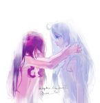  2girls absurdres commentary dress english_commentary hand_on_another's_neck highres honkai_(series) honkai_impact_3rd kiana_kaslana long_hair looking_at_another multiple_girls purple_hair queen_yuri.mj signature sirin sleeveless sleeveless_dress white_background white_dress white_hair 