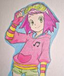  1girl absurdres beamed_eighth_notes bob_cut closed_mouth colored_pencil_(medium) commentary english_commentary eyewear_on_head fingerless_gloves gloves green_eyes green_shorts highres hood hood_down hoodie looking_at_viewer mega_man_(series) mega_man_star_force_(series) mega_man_star_force_3 musical_note photo_(medium) pink_gloves pink_hair pink_hoodie short_hair shorts simple_background smile solo sonia_strumm_(mega_man) takuu_(seadog6662) traditional_media upper_body white_background 