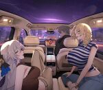  1boy 2girls absurdres ahoge black_bra blonde_hair bra bracelet breasts bronya_rand caelus_(honkai:_star_rail) capri_pants car_interior cocolia_rand commentary earrings english_commentary ficoemirrio grey_eyes grey_hair hair_ornament highres honkai:_star_rail honkai_(series) huge_breasts jewelry long_hair looking_to_the_side multiple_girls pants purple_eyes shirt short_hair sitting striped_clothes striped_shirt trailblazer_(honkai:_star_rail) underwear yellow_eyes 