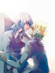  2boys against_wall alternate_costume blonde_hair blue_eyes collared_shirt commentary english_commentary fanfiction_available grey_eyes grey_hair hand_on_another's_back hand_on_another's_shoulder height_difference illbewaiting imminent_kiss kingdom_hearts kingdom_hearts_ii long_hair male_focus multiple_boys riku_(kingdom_hearts) roxas shirt short_hair sketch sleeves_rolled_up spiked_hair upper_body white_shirt yaoi 