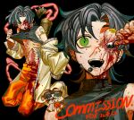  1boy absurdres bandage_over_one_eye beetle black_background black_hair blood blood_on_clothes blood_on_face blood_on_hands bug chibi chibi_inset clothes_lift clothing_request commentary_request commission constricted_pupils disembowelment ear_piercing eye_socket flesh full_body gouged_eye green_eyes guro half-closed_eye heterochromia highres holding_ice_cream_scoop_(utensil) ice_cream_scoop_(utensil) insect_in_mouth insect_on_face intestines kari_ka_kari kneeling long_hair looking_at_viewer male_focus multiple_views open_mouth orange_pants original pants parted_bangs piercing portrait quiver ribs sanpaku self-harm shirt shirt_lift simple_background skinned sleeveless sleeveless_shirt smile spine turtleneck turtleneck_shirt wide-eyed yellow_eyes 