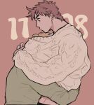  2boys arms_around_another's_waist arms_around_neck battle_tendency blonde_hair brown_background brown_eyes brown_hair cable_knit caesar_anthonio_zeppeli chuu_ni commentary_request from_side green_shirt jojo_no_kimyou_na_bouken joseph_joestar joseph_joestar_(young) long_sleeves male_focus midriff multiple_boys profile shirt sweater upper_body white_sweater yaoi 