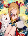  2018 animal bare_legs black_collar bow breasts cape chinese_zodiac cleavage collar collarbone commentary_request dog eyebrows_visible_through_hair flower fur-trimmed_cape fur_trim hair_bow hair_ornament highres hillly_(maiwetea) horn_ribbon horns ibuki_suika japanese_clothes kimono looking_at_viewer medium_breasts nail_polish new_year parted_lips pink_nails print_kimono red_cape red_ribbon ribbon sash sitting smile solo star touhou wave_print year_of_the_dog yellow_eyes 