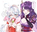 3girls animalization blush braid bridal_gauntlets commentary_request dango fan_hair_ornament food fox furina_(genshin_impact) genshin_impact japanese_clothes kimono long_braid long_hair low-braided_long_hair low-tied_long_hair mitsudomoe_(shape) mole mole_under_eye multicolored_hair multiple_girls musou_isshin_(genshin_impact) nagatekkou obiage obijime pink_fur purple_hair purple_kimono purple_nails raiden_shogun shinoo0915 suikyou394 tomoe_(symbol) wagashi yae_miko yae_miko_(fox) 