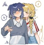 2girls anger_vein animal_ears blonde_hair blue_hair blush braid closed_eyes closed_mouth commentary dog_ears dog_girl drawn_tail dress_shirt emne english_commentary fujita_kotone gakuen_idolmaster grey_sweater hair_ornament hairclip hataya_misuzu idolmaster long_hair long_sleeves mole mole_under_eye multiple_girls shirt short_hair short_sleeves spoken_anger_vein squiggle sweater tail tail_wagging twin_braids white_shirt yuri 