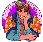  2boys ;) blue_eyes blue_jacket blue_shirt brown_hair caesar_anthonio_zeppeli chuu_ni collared_shirt commentary_request cropped_torso english_text fingerless_gloves gloves green_gloves grin hand_on_own_face happy_birthday head_rest jacket jacket_on_shoulders jojo_no_kimyou_na_bouken joseph_joestar joseph_joestar_(young) looking_to_the_side male_focus multiple_boys necktie one_eye_closed out_of_frame red_necktie shirt sideways_glance simple_background smile solo_focus teeth thick_eyebrows unzipped white_background wing_collar 