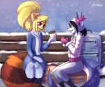 acuwacu ailurid animal_ears anthro aquatic beverage black_hair blonde_hair blue_body blue_eyes coffee duo femboy fish fowkes_(acuwacu) hair hi_res long_hair male male/male mammal moonlite_sun ponytail purple_eyes red_panda requiem_shark shark shark_tail snow striped_body stripes tiger_shark